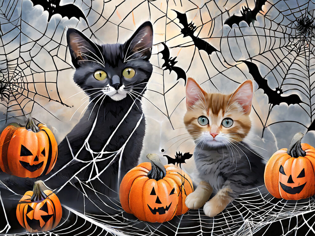 Halloween Horror Images of cats with spider web and ghouls