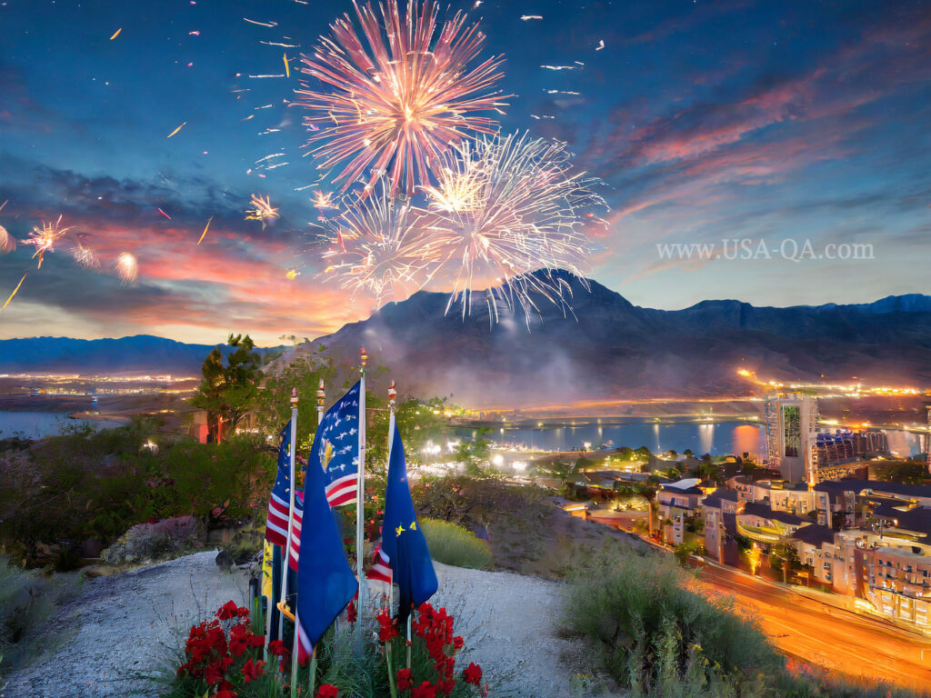 Nevada Day Fireworks, USA flag, city view, night view, fireworks in sky hd images