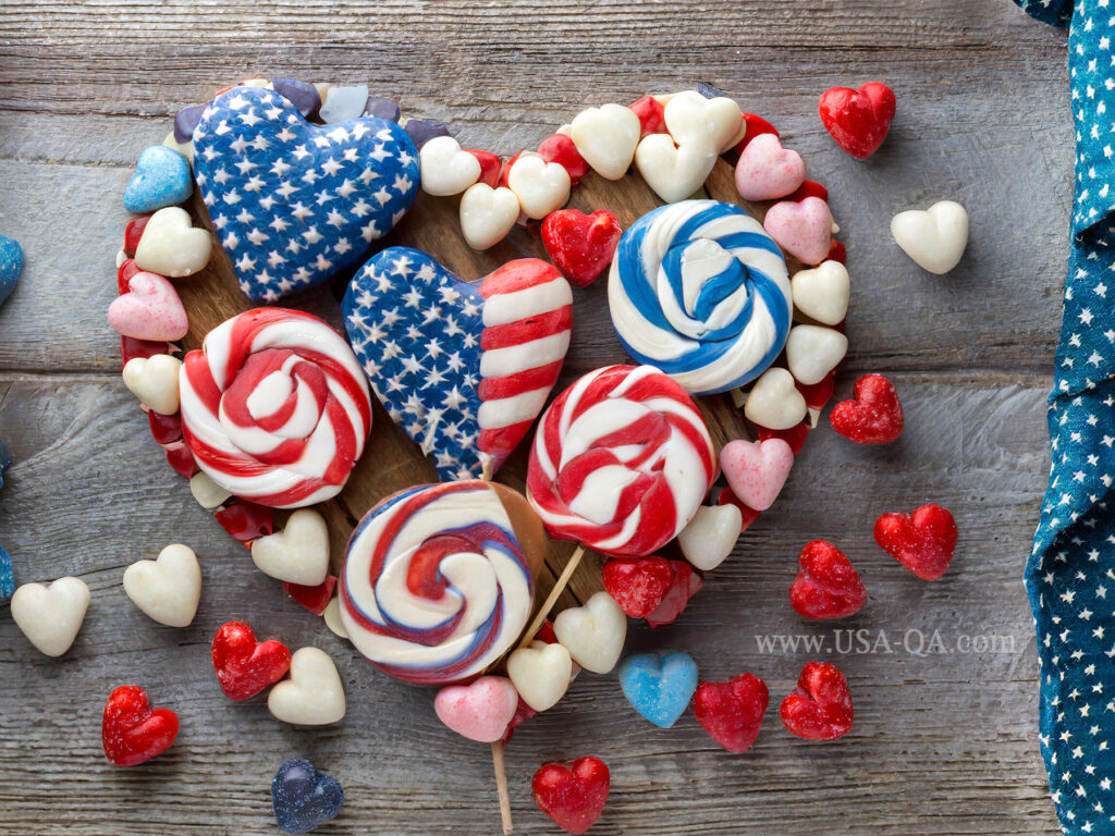 Heart shape Sweets Candy in usa flag colors HD pictures images Photos HD